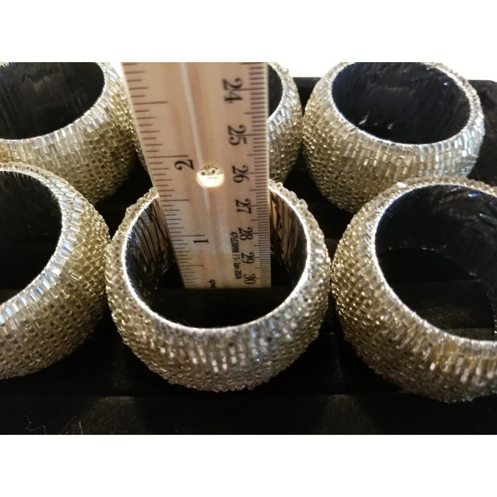 Elegant Beaded Napkin RIng Holders Silver Round Set of 6 Special Occasion